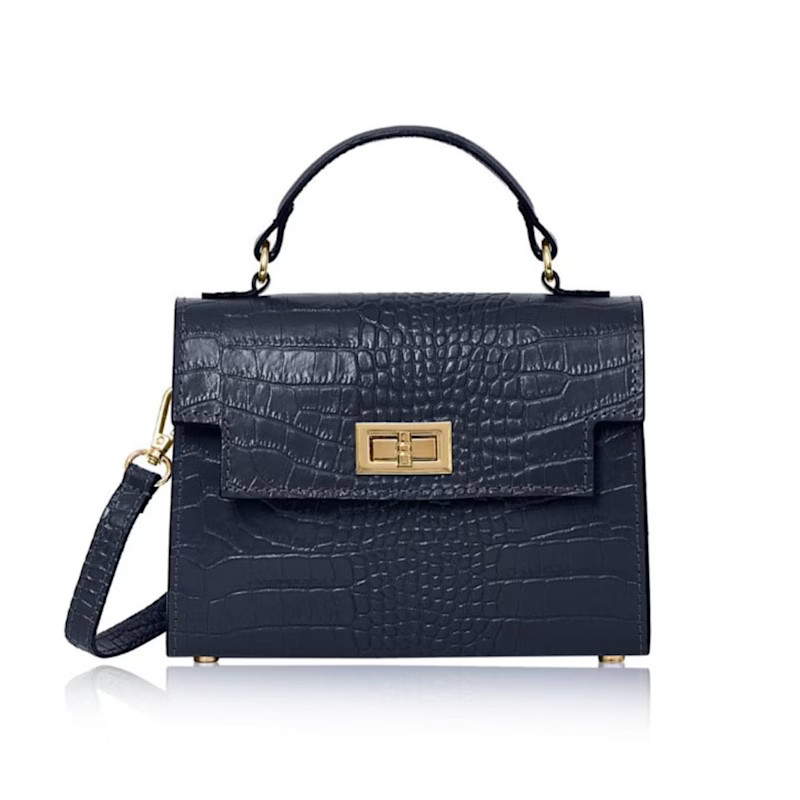 Ardea Croc Top Handle Handbag In Navy Blue | Wolf & Badger