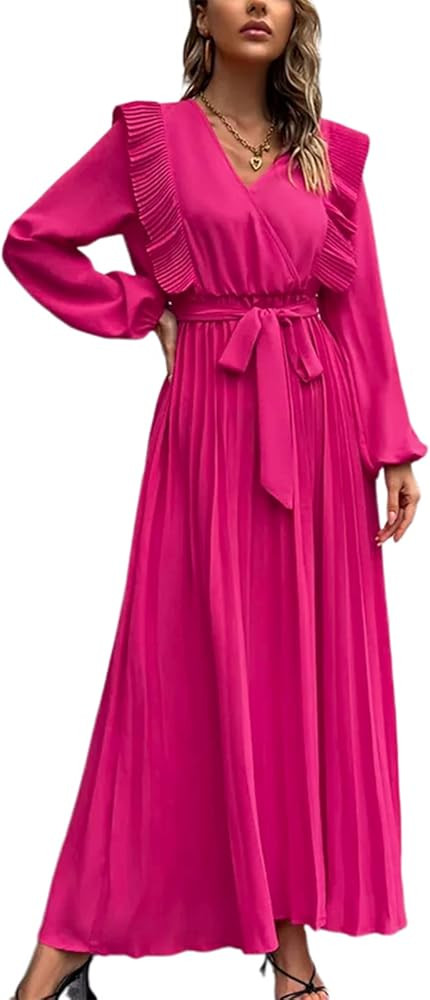 SOMLIZ Womens Casual Dress Ruffle Long Sleeve V Neck A-Line Maxi Dress with Belt | Amazon (US)