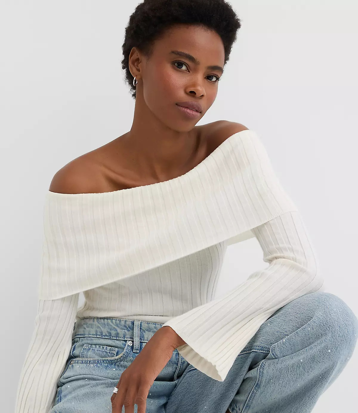 Ribbed Flare Sleeve Off The Shoulder Sweater | LOFT