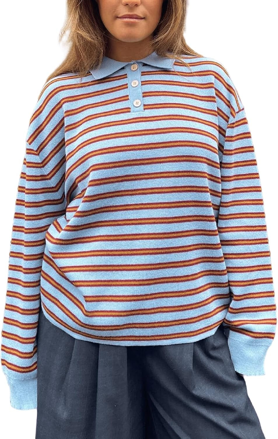 Women Y2k Rugby Polo Shirt Striped Knit Sweater Long Sleeve Collared V Neck Sweatshirt Oversized Pullover Tops | Amazon (US)