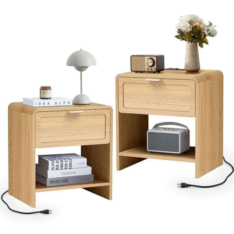 Wirrytor Modern Nightstand Set of 2 with Charging Station, Wide Wood Bedside Table w/ Storage Dra... | Walmart (US)