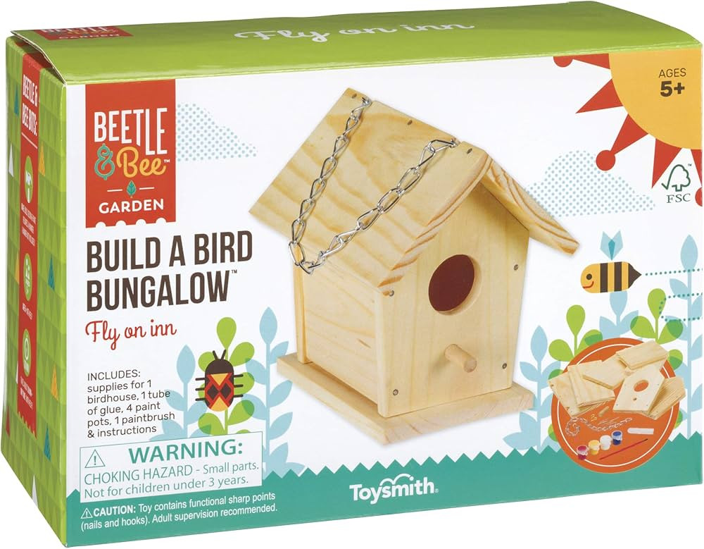 Beetle & Bee Build A Bird Bungalow - DIY Kid Art Craft Outdoor Birdhouse Kit, 6" x 4" x 6", Hardw... | Amazon (US)