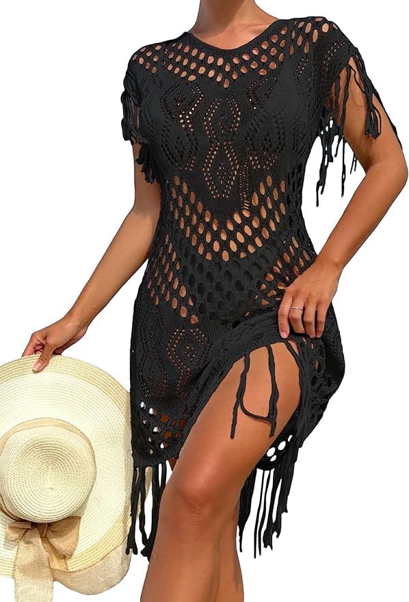 MakeMeChic Women's Hollow Out Crochet Coverups Round Neck Fringe Trim Sheer Bathing Suit Cover Up... | Amazon (US)