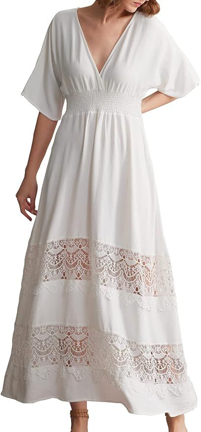 Women's Boho Maxi Dress Short Sleeve V Neck Long Flowy Dresses Smocked Waist Lace Wedding Guest D... | Amazon (US)