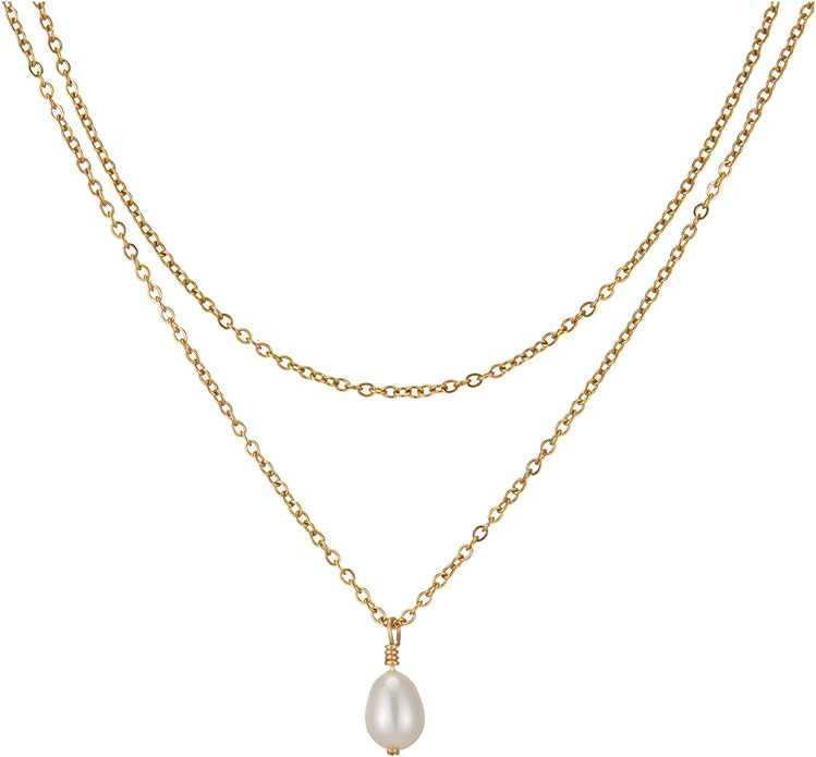 Freshwater Single Pearl Pendant Necklace for Women One Pearl Gold Layered Choker Stack Necklace W... | Amazon (US)