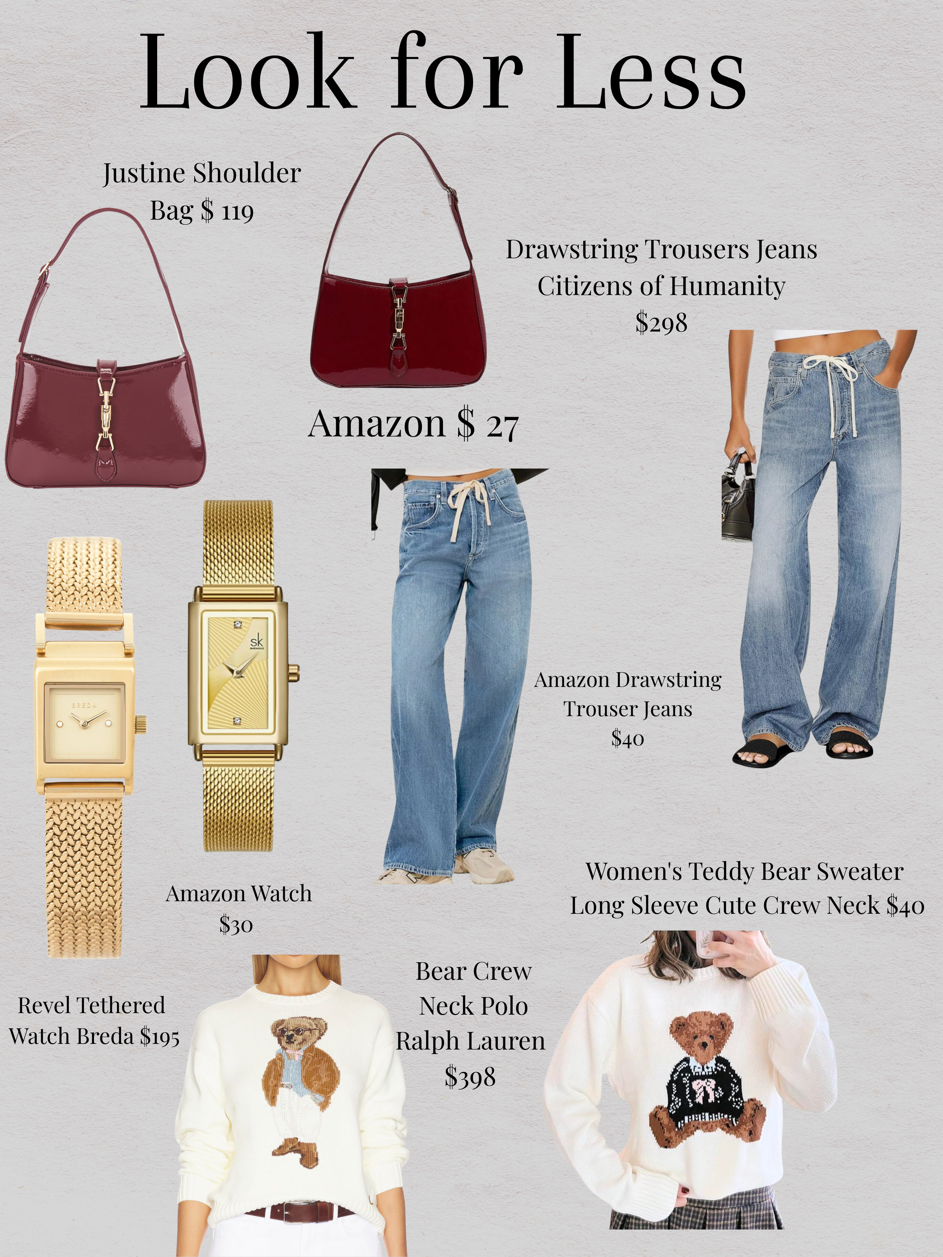 Designer Look for Less Finds You’ll Love
Designer style without the designer price tag ✨ This look-for-less outfit roundup features affordable Amazon dupes for a viral shoulder bag, drawstring trouser jeans, a classic gold watch, and the cutest teddy bear sweater. Perfect for everyday chic, fall outfits, and budget-friendly fashion inspo. Save this for easy outfit ideas that look luxe but cost way less 🤍
#LookForLess #AffordableFashion #AmazonFinds #BudgetStyle #FallOutfits #ChicOnABudget #FashionDupes #EverydayStyle

@amazon 
 

 #LTKootd #LTKSaleAlert
