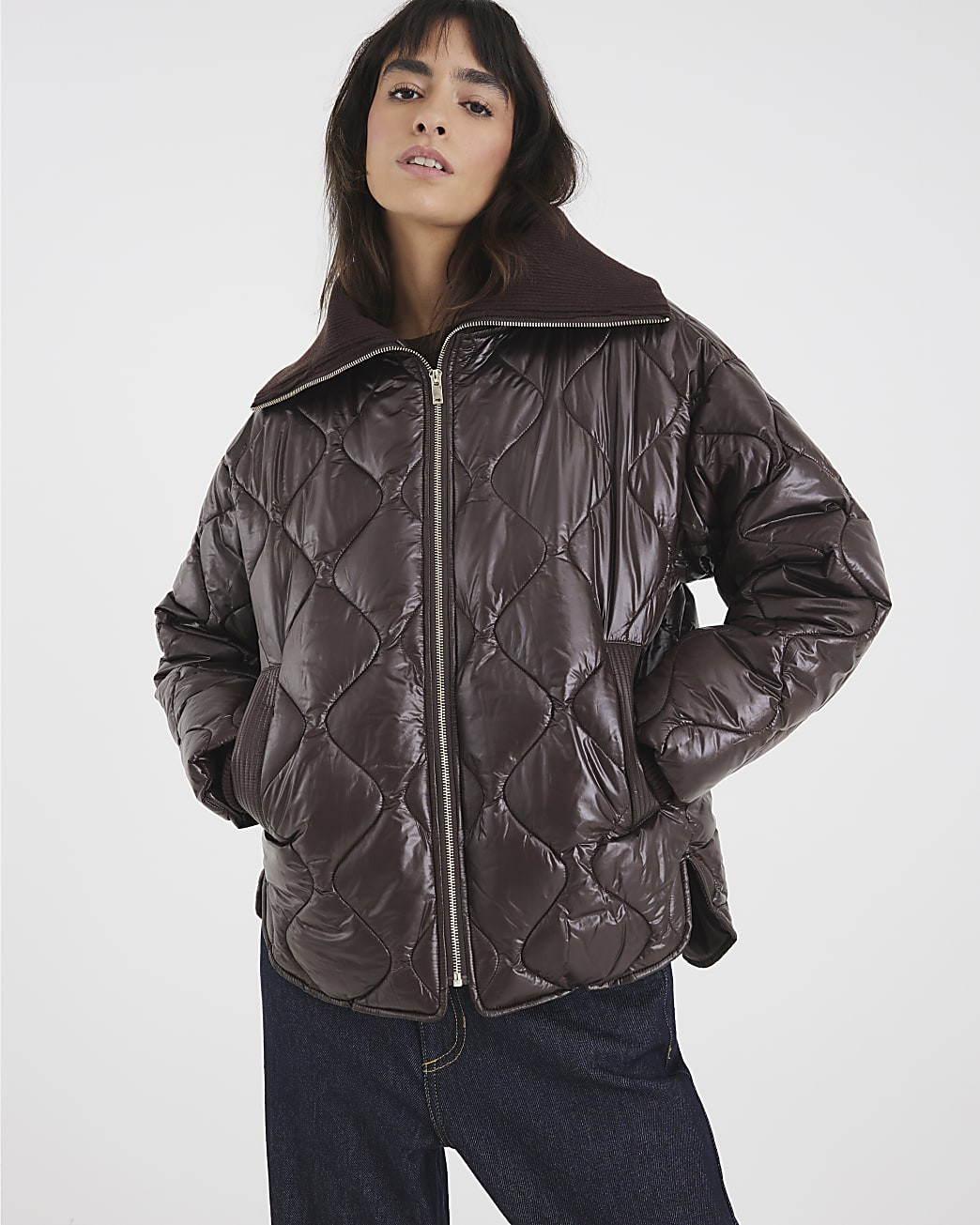Brown Ribbed Collar Padded Jacket | River Island UK & IE
