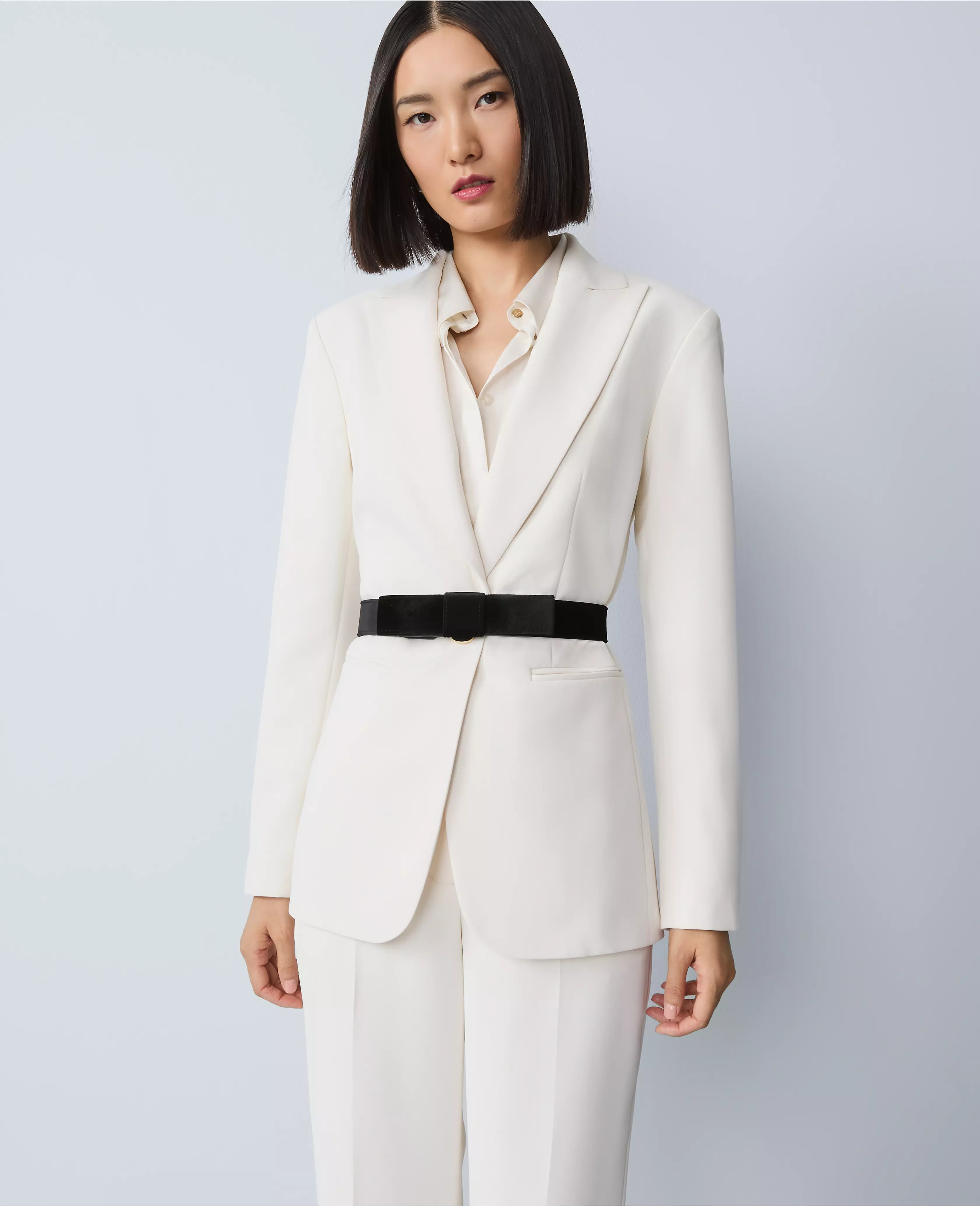 Belted Crepe Fitted Long Blazer | Ann Taylor