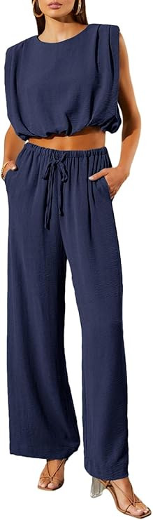 Dokotoo Summer 2 Piece Outfits for Women Sleeveless Crop Tank Tops and Wide Leg Pants with Pocket... | Amazon (US)