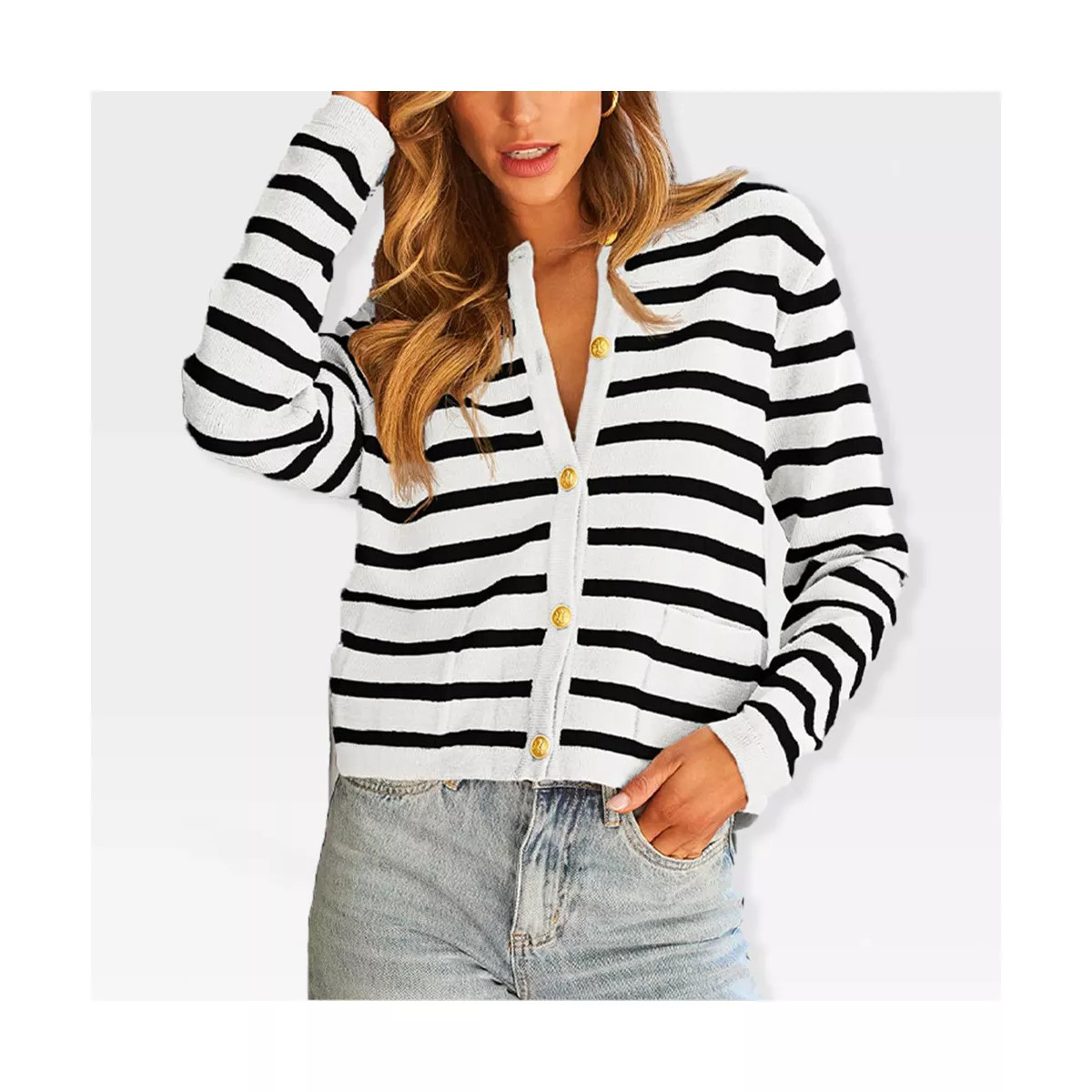 Womens Cardigan Sweaters Front Button Stripes Cardigan At Waist Long Sleeve Casual Sweater Jacket... | Target