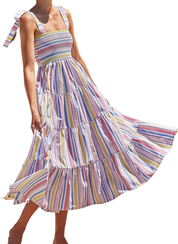 Women's Summer Boho Spaghetti Tie Strap Square Neck Floral Ruffle A Line Beach Long Maxi Swing Dress | Amazon (US)