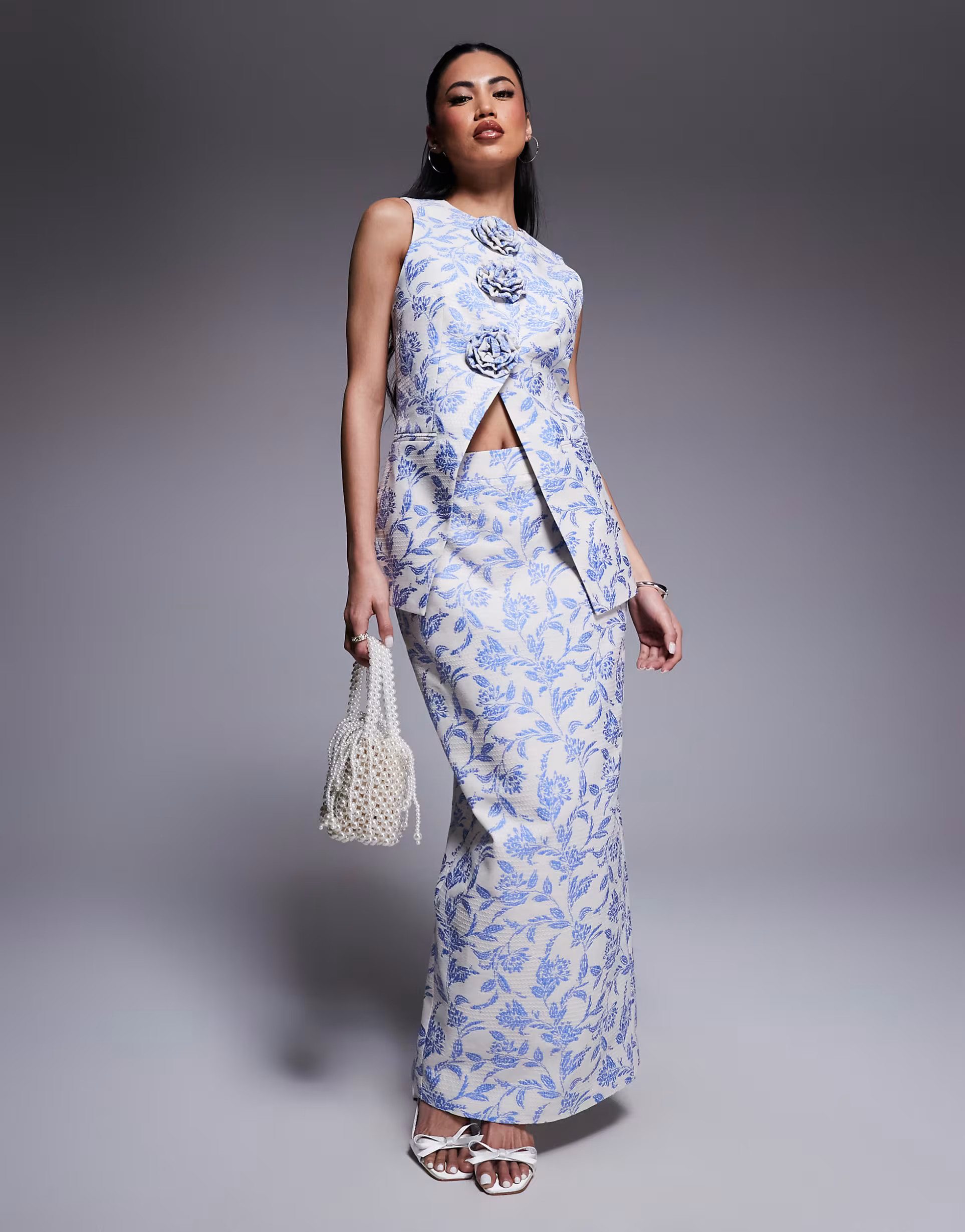 ASOS LUXE jacquard tailored skirt with split back and jacquard vest with 3D flowers set in tapest... | ASOS (Global)