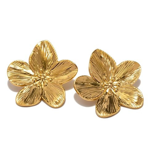 14K Gold Plated Gold Flower Earrings for Women,Boho Statement Large Double Flower Earrings Trendy Chunky Floral Stud Earrings Elegant Chic Jewelry (Gold-A) | Amazon (US)