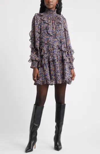 Treasure & Bond Metallic Mock Neck Long Sleeve Chiffon Minidress in Navy Butterfly Abstract at Nordstrom Rack, Size Medium | Nordstrom Rack
