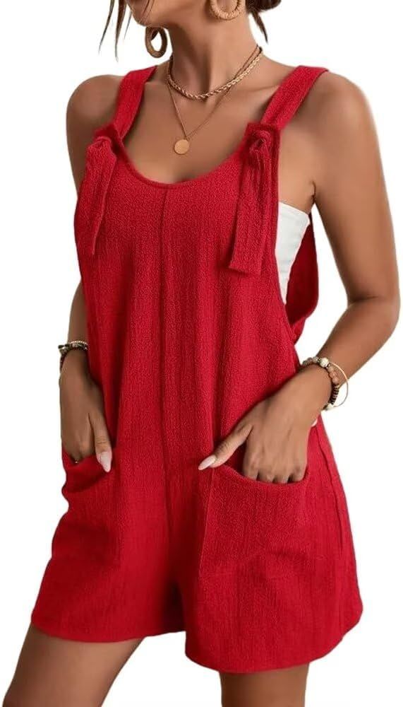 Summer Short Romper for Women Loose Knot Front Sleeveless Jumpsuit with Pockets | Amazon (US)