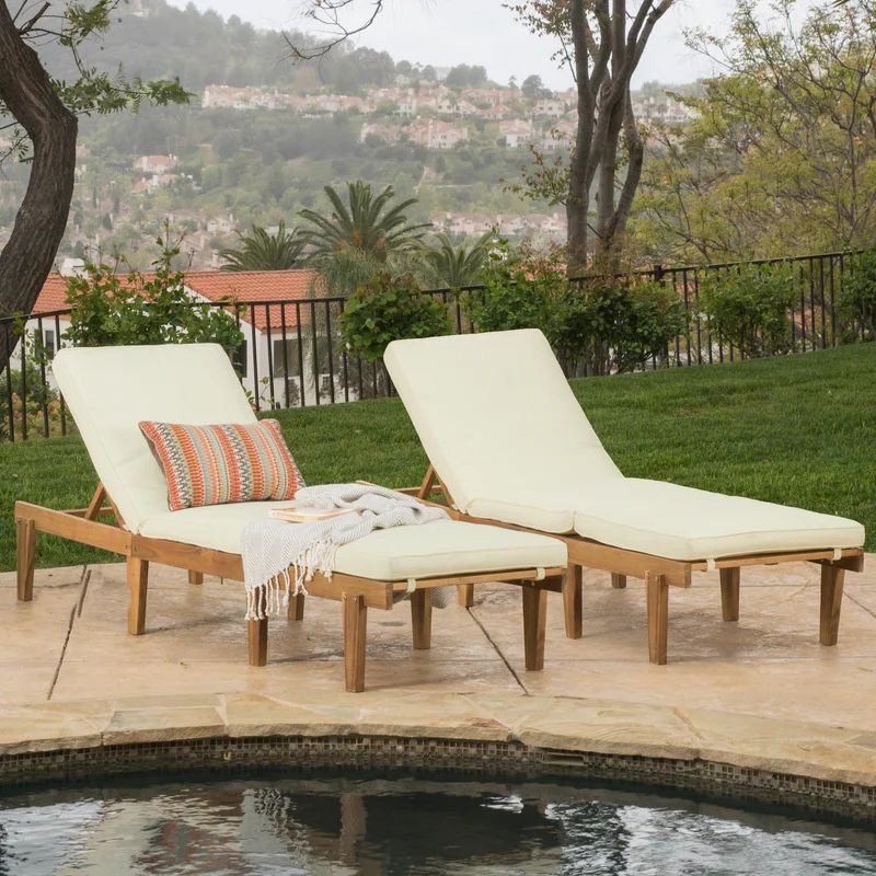 Dellwood 78.74'' Long Reclining Acacia Single Chaise with Cushions (Set of 2) | Wayfair North America