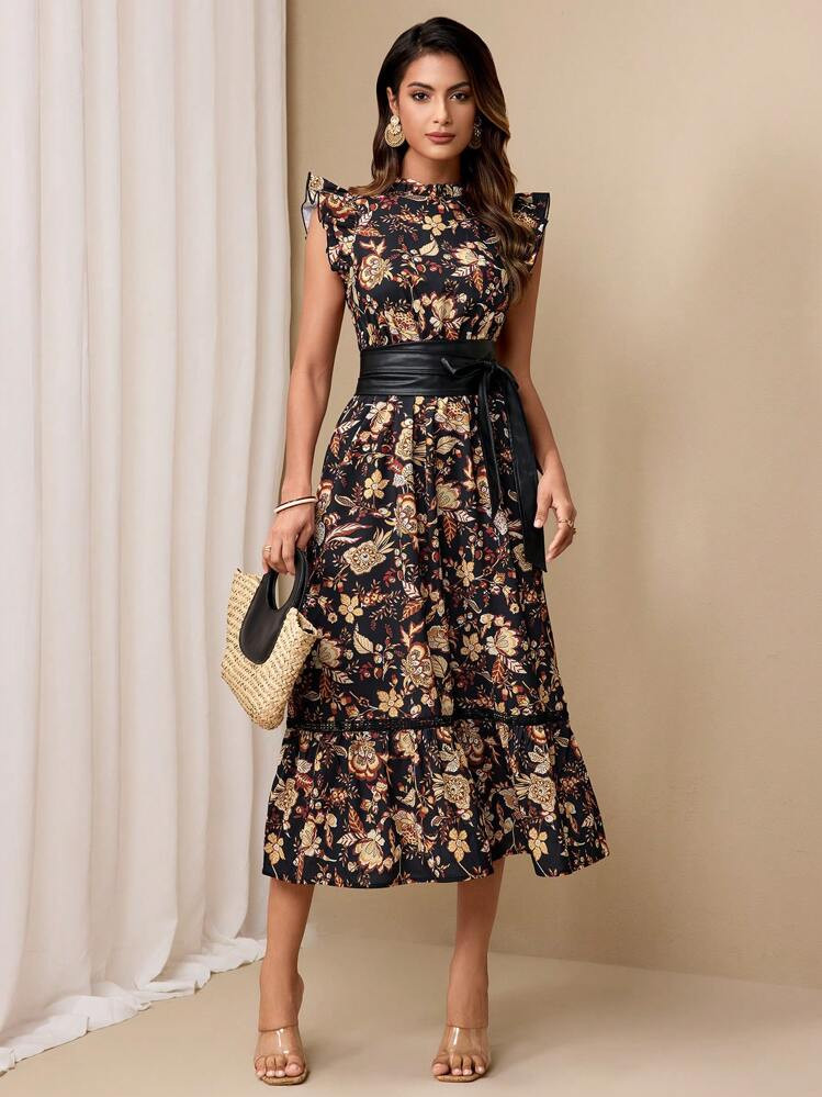 Almamuse Women's Elegant Floral Print Cinched Waist Dress | SHEIN