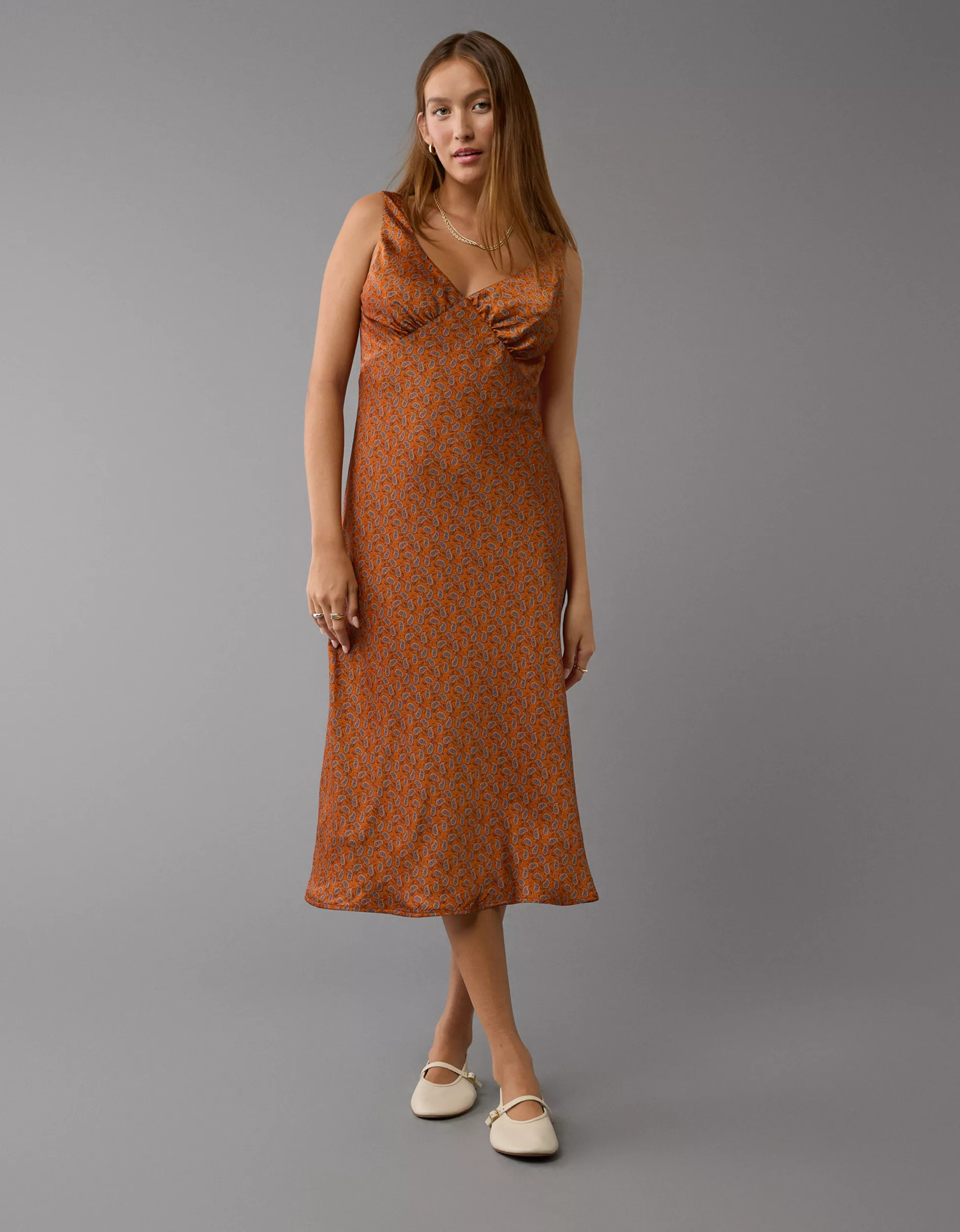 AE V-Neck Paisley Slip Midi Dress | American Eagle Outfitters (US & CA)