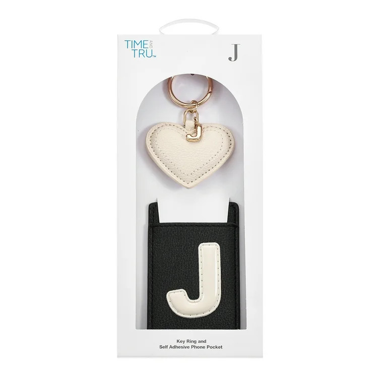 Time and Tru Goldtone and Faux Leather Heart-Shaped Keyring and Adhesive Phone Wallet, Initial Le... | Walmart (US)