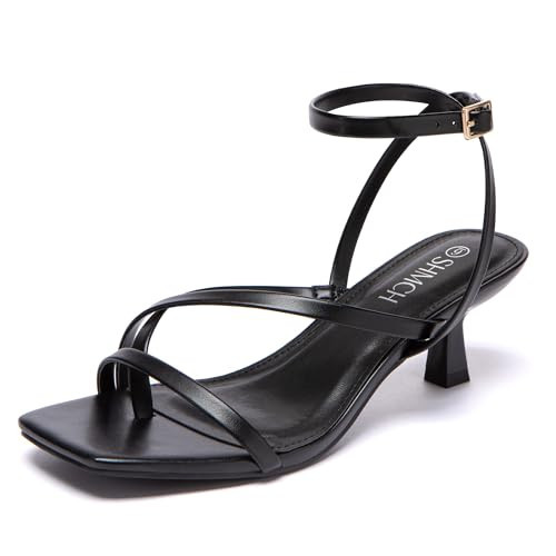 SHMCH Black Kitten Heels for Women Low Strappy Lace Up Heels Square Toe Thong Ankle Strap Heels Fashion Comfort Dress Shoes Black Heels 11 | Amazon (US)