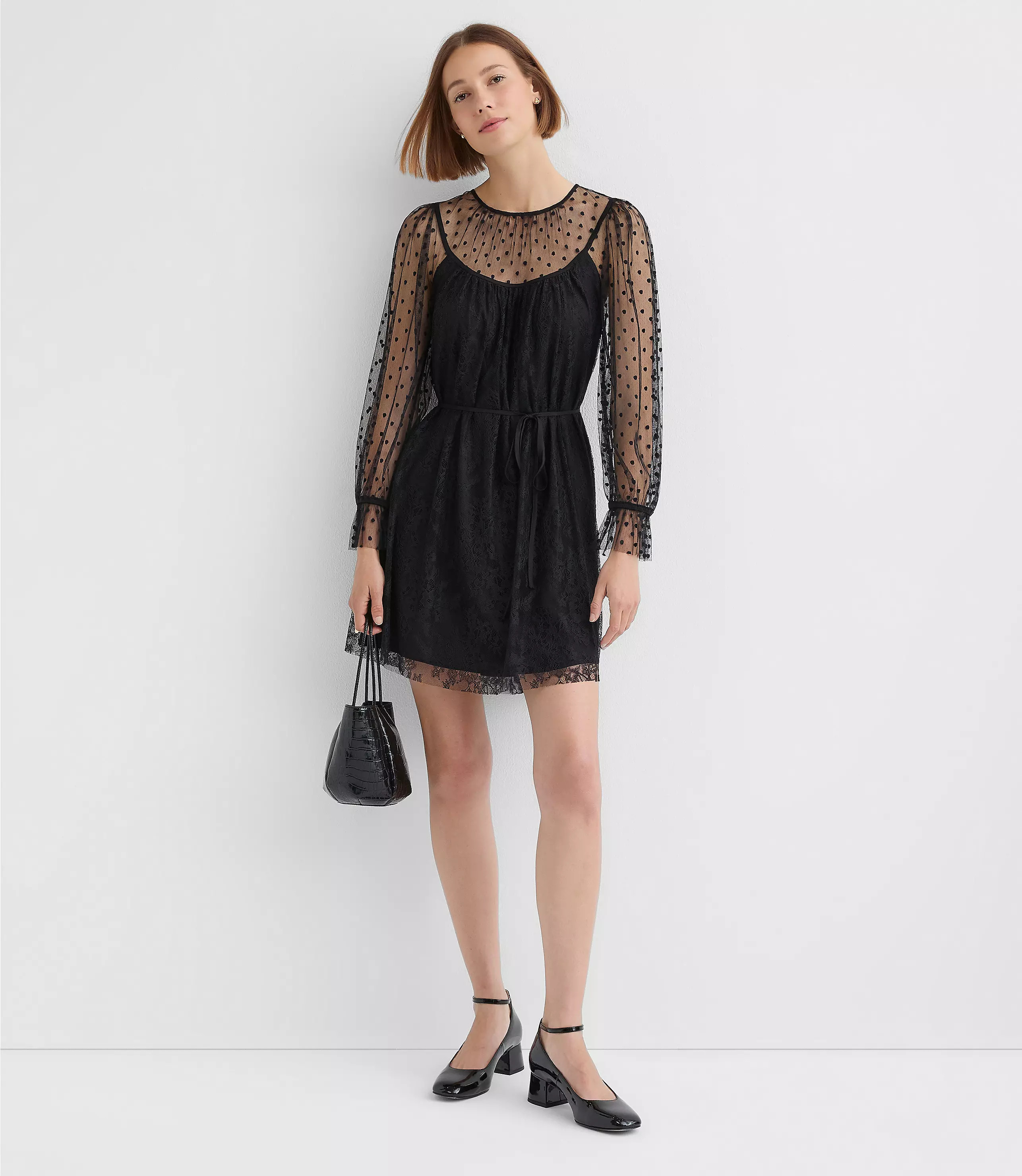 Petite Dotted Chantilly Lace Mini Dress | LOFT