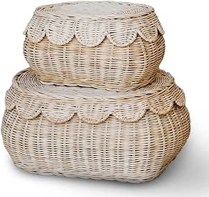 Hand Woven Rattan Basket Set - 15x10x6 Inch - Small Scalloped Baskets - Round Wicker Basket - Wic... | Amazon (US)