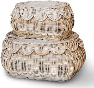 BEBE BASK Hand woven Rattan Basket Set Of 2-15x10x6 Inch - Scalloped Baskets - Round Wicker Baske... | Amazon (US)
