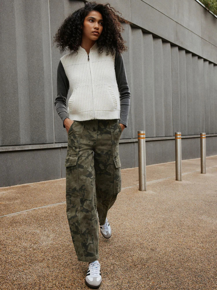 Khaki Green Camo Barrel Leg Cargo Trousers | Next US
