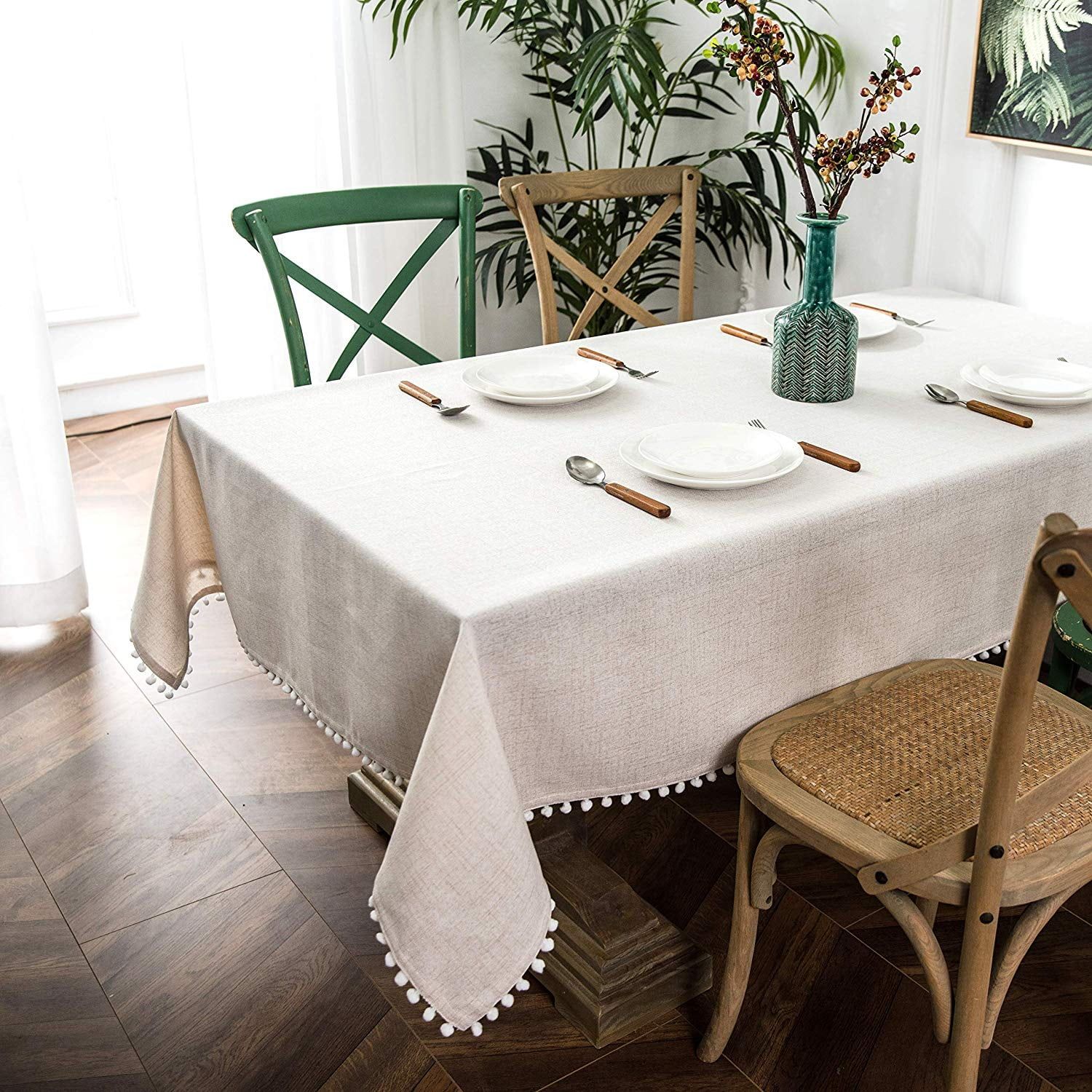 DriftAway Pom Pom Tassel Rectangle Linen Textured Decorative Table Cloth 55 Inch by 72 Inch Beige | Walmart (US)