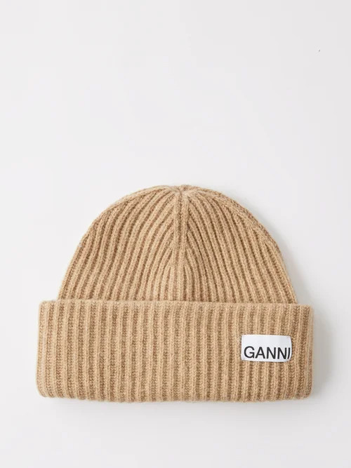 Ganni - Logo-patch Ribbed-knit Beanie Hat - Womens - Beige | Matches (UK)