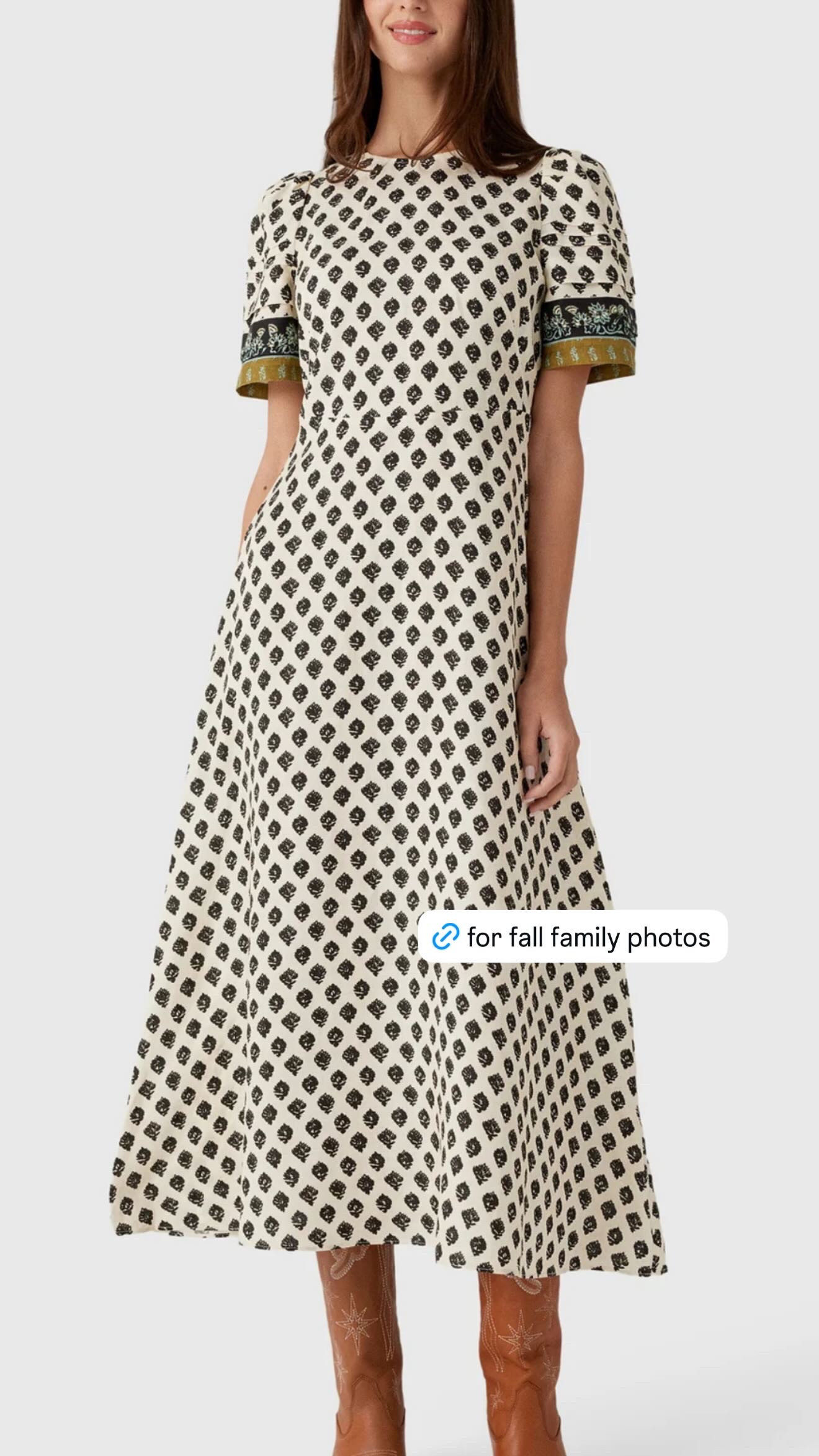 such a pretty option for fall family photos! i love the neutral print with the olive + mustard trim at the sleeves because it gives you those fall tones without feeling too literal or overly seasonal. the midi length and easy shape make it feel classic, and it would be so good with brown boots, ballet flats, or even a suede heel depending on the setting. 

 #LTKSeasonal