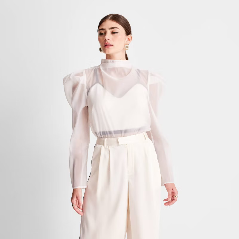 Women's Puff Shoulder Long Sleeve Mock Neck Blouse - Future Collective™ with Kahlana Barfield B... | Target