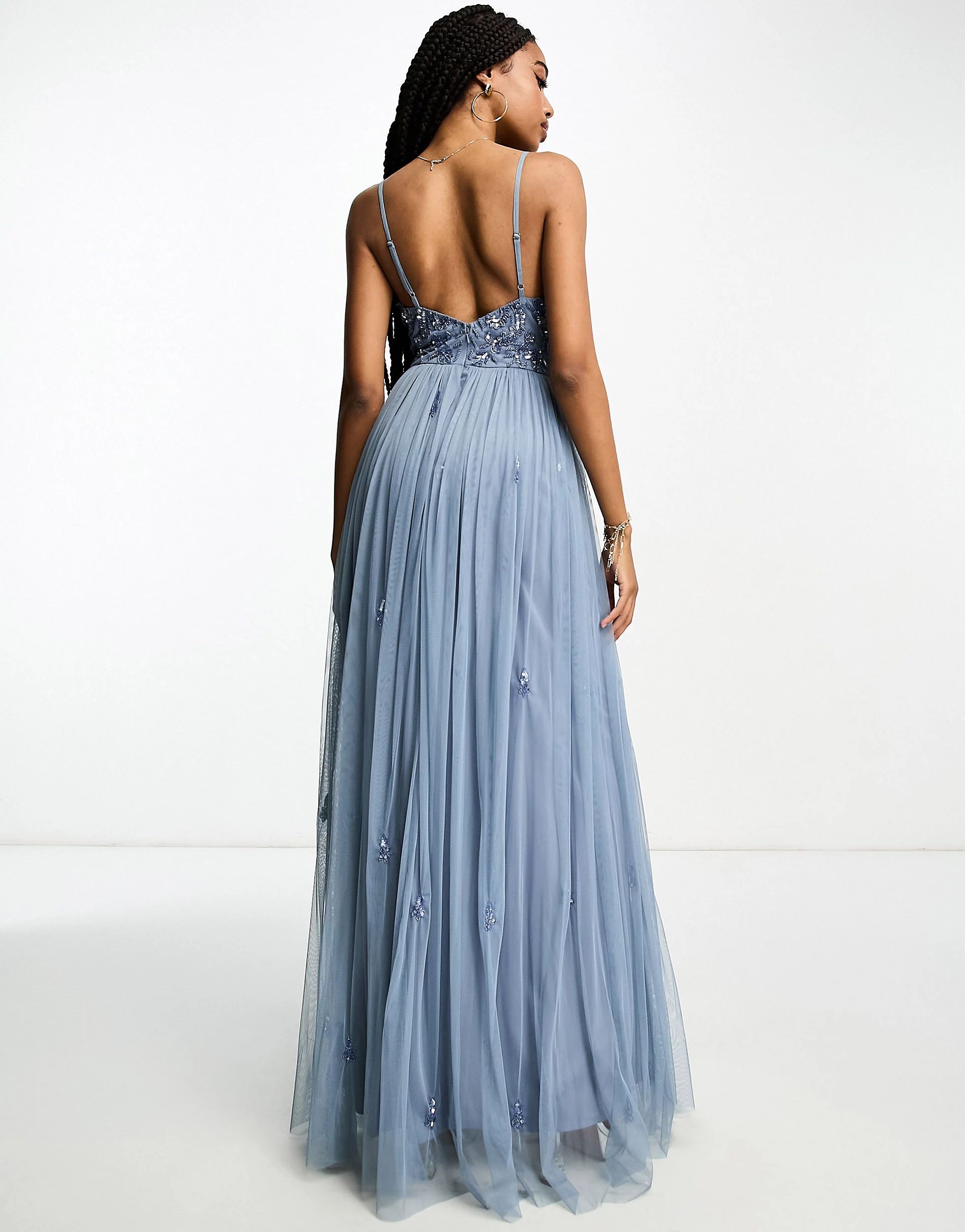 Beauut Tall Bridesmaid cami 2 in 1 maxi dress with embellished top and tulle skirt in dark blue | ASOS (Global)