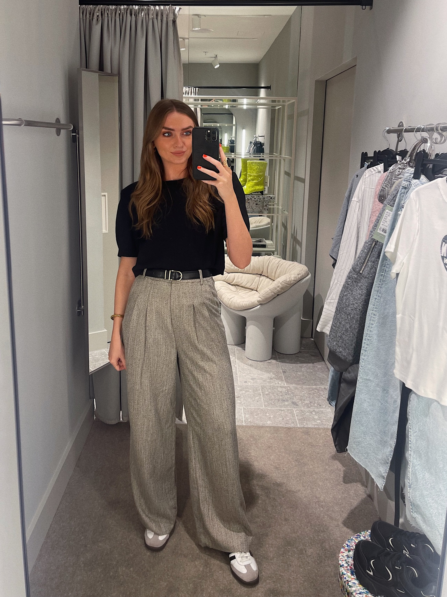 Wearing a medium in the H&M black cropped jumper
Size 8 in the H&M trousers, I’m 5ft 6 
& other stories belt
Adidas samba trainers 