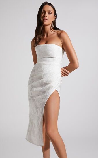 Brailey Midi Dress - Thigh Split Strapless Dress in White Jacquard | Showpo (US, UK & Europe)