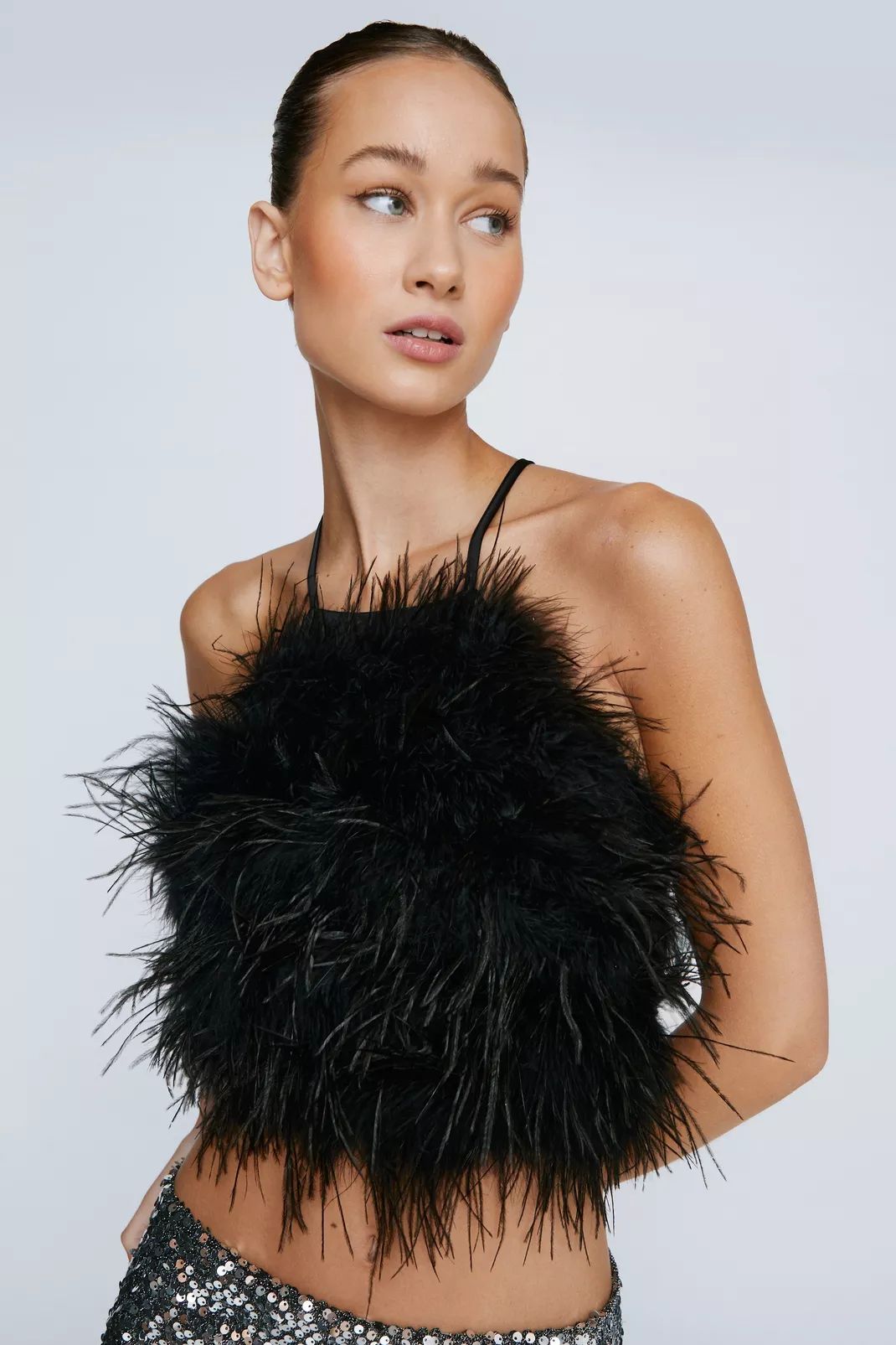 Petite Halterneck Feather Lace Up Back Top | Nasty Gal (US)