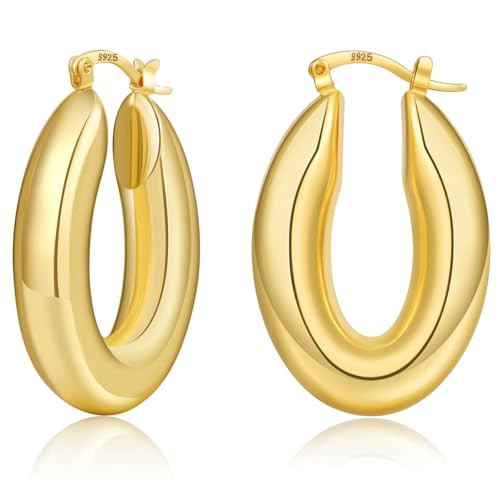 PABBEU Chunky Gold Hoop Earrings for Women, Lightweight 14k Gold Plated Hoops Earrings, Hypoallergenic 925 Oval Gold Hoops Earrings, Thick Gold Hoop Earrings for Women Gifts (28mm) | Amazon (US)