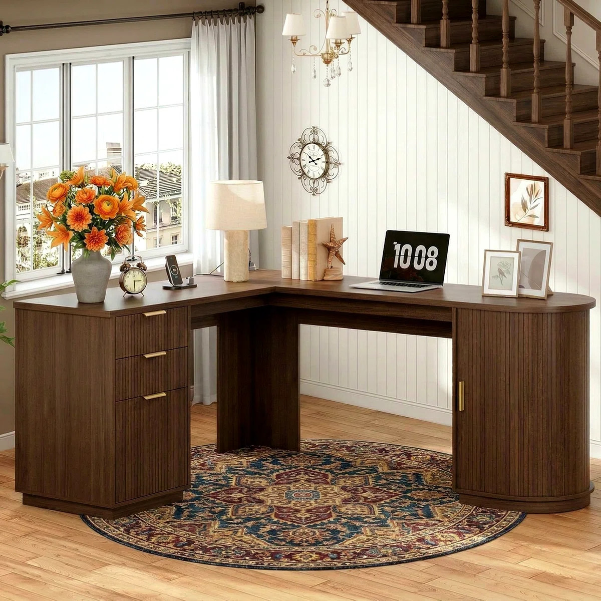 67" Fluted L Shaped Desk with Drawers, Home Office Corner Computer Desk with Storage, Mid Century... | Wayfair North America