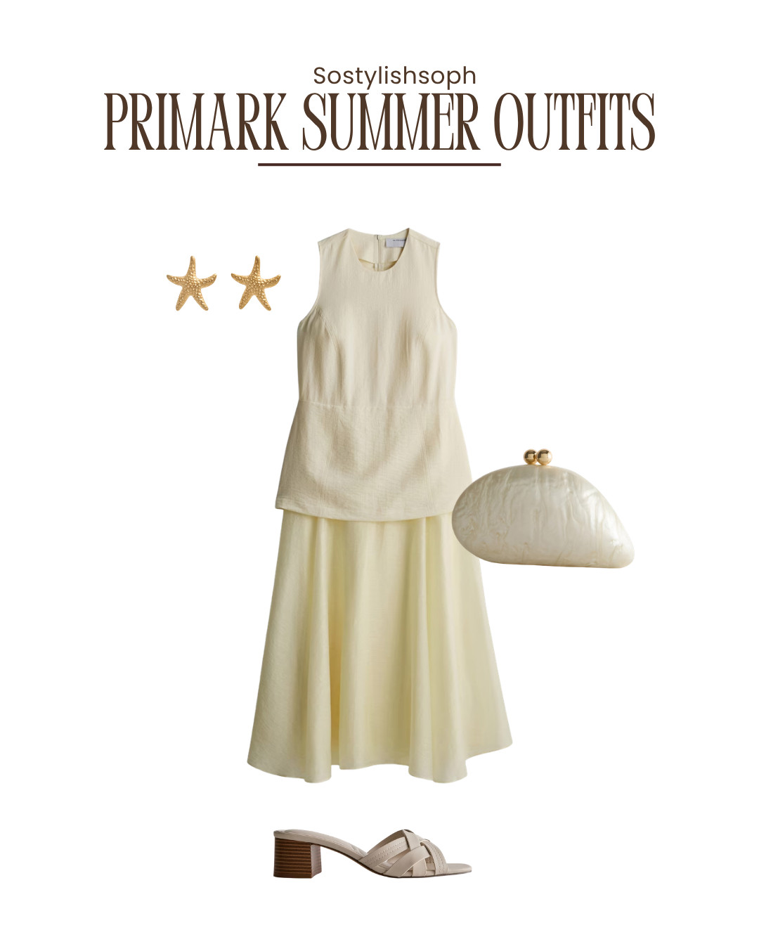 primark summer outfits, butter yellow outfit, yellow co ord set, sleeveless top and skirt set, summer co ord, matching set outfit, pastel summer outfit, chic holiday outfit, elegant daytime look, minimalist summer style, cream clutch bag, shell clutch, starfish earrings, beach holiday accessories, neutral heeled sandals, block heel mules, resort wear outfit, effortless summer dressing 

 #LTKspring #LTKsummer #LTKeurope