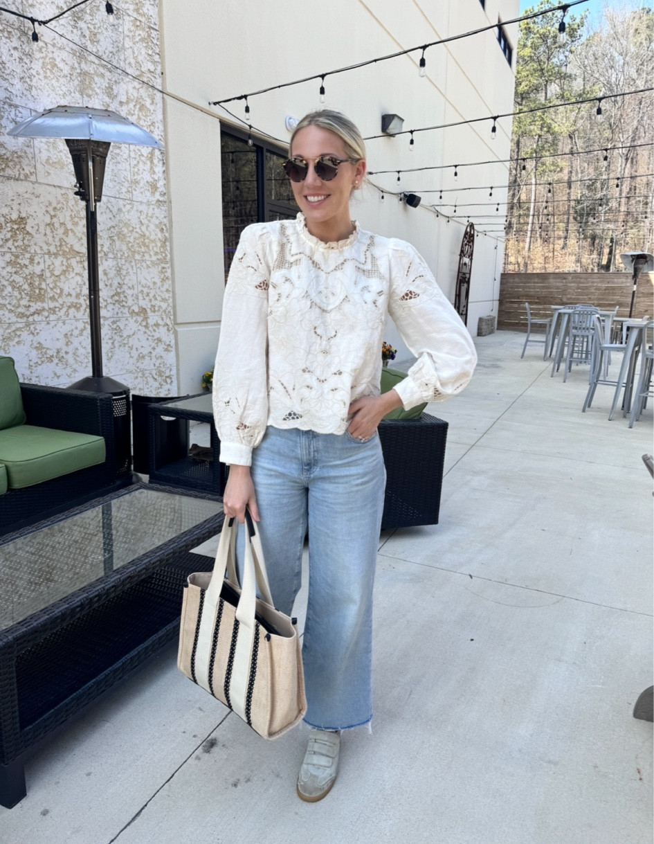 Wearing size 26 Saige cropped denim. Size small in top. Amazon sunnies! 