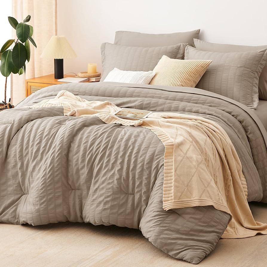 CozyLux Queen Comforter Set Khaki Seersucker 7 Pieces Bed in a Bag Queen Comforter Set with Sheet... | Amazon (US)