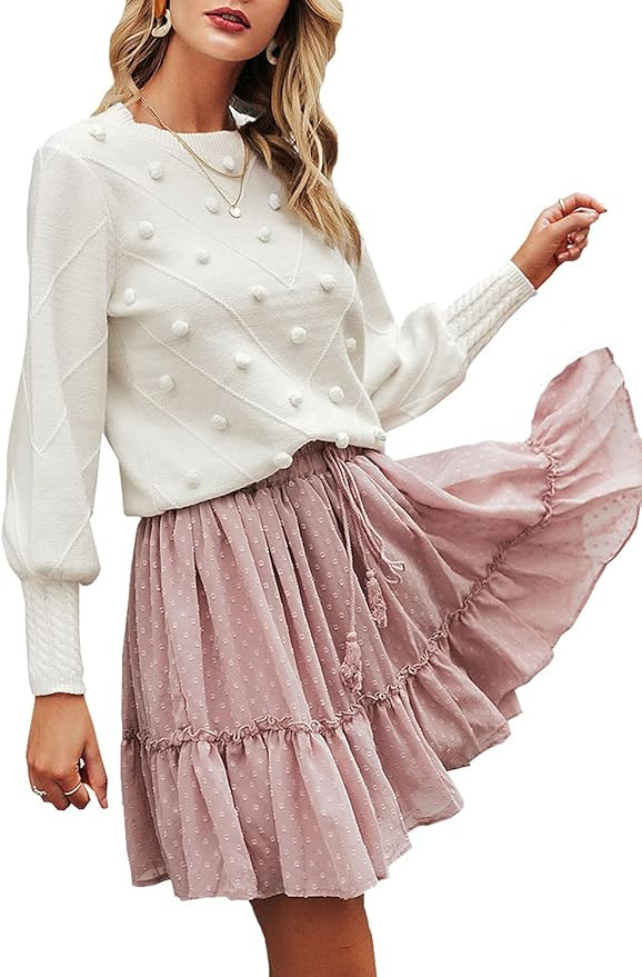 Miessial Women's Fall Crew Neck Pullover Sweater Cute Long Puff Sleeve Chunky Knit Sweater Pompom... | Amazon (US)