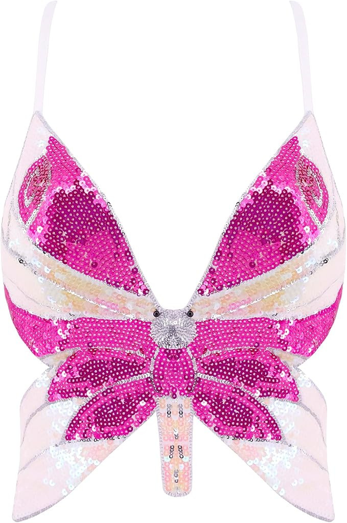 Mocure Womens Glitter Sequin Butterfly Crop Top Low-Cut Tank Top Rave Tube Vest Top for Belly Dan... | Amazon (US)
