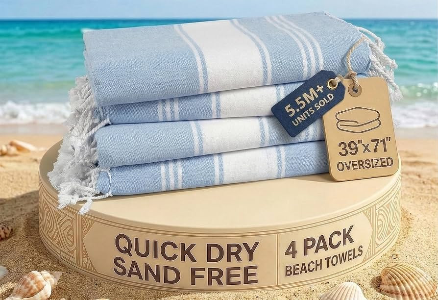 LANE LINEN Beach Towel 4 Pack, Oversized Beach Towels for Adults, Lightweight Travel Beach Towels... | Amazon (US)