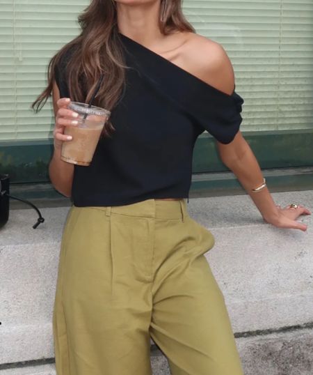 One shoulder top
Pants 
Green pants

Summer outfit 
Summer dress 
Vacation outfit
Date night outfit
Spring outfit
#Itkseasonal
#Itkover40
#Itku

#LTKFindsUnder50