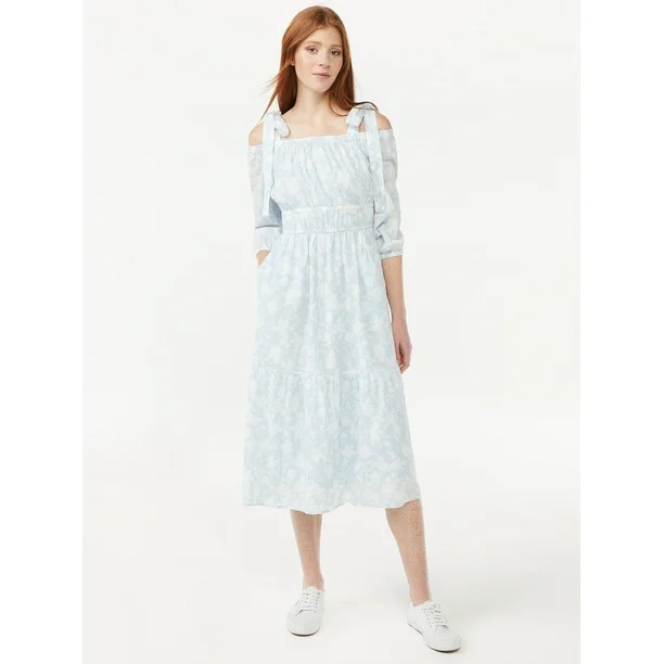 Free Assembly Women's Off the Shoulder Midi Dress with Tie Straps - Walmart.com | Walmart (US)