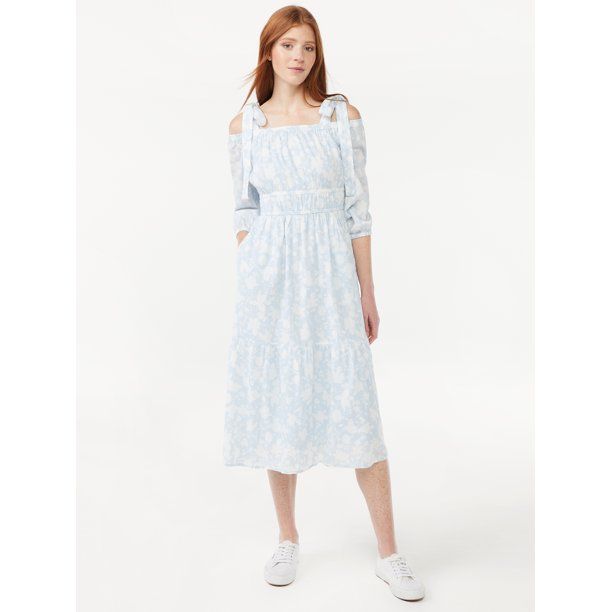 Free Assembly Women's Off the Shoulder Midi Dress with Tie Straps | Walmart (US)