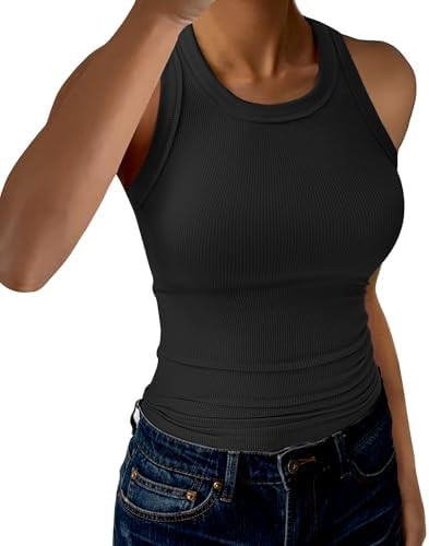 Womens Tank Tops High Neck Sleeveless Ribbed Tank Casual Basic Thick Strap Slim Fitted Racerback ... | Amazon (US)