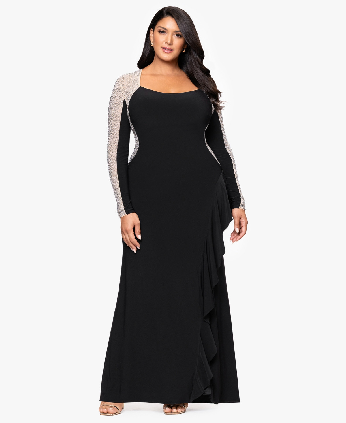 Xscape Plus Size Beaded Square Neck Maxi Dress - Black Nude Silver | Macy's
