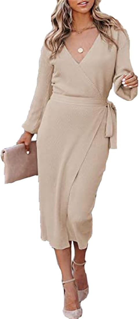 Women's Elegant V Neck Wrap Knit Dress Batwing Sleeve Backless Sweater Dress Slit Pullover | Amazon (US)